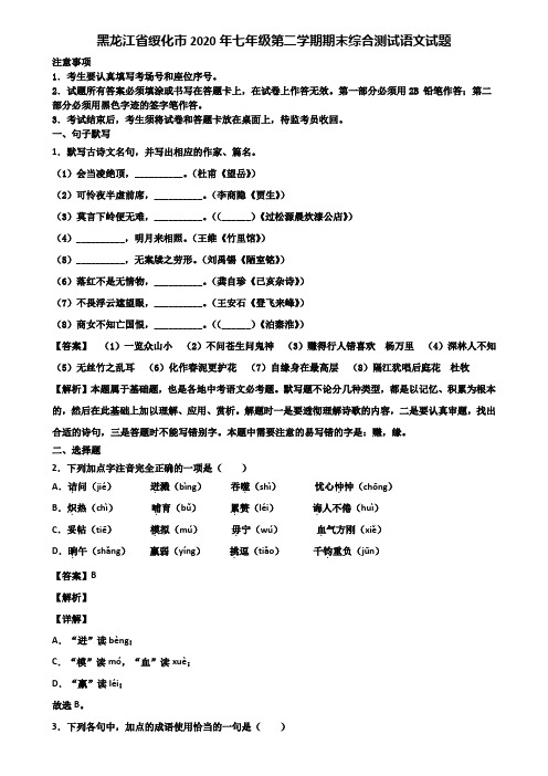 黑龙江省绥化市2020年七年级第二学期期末综合测试语文试题含解析