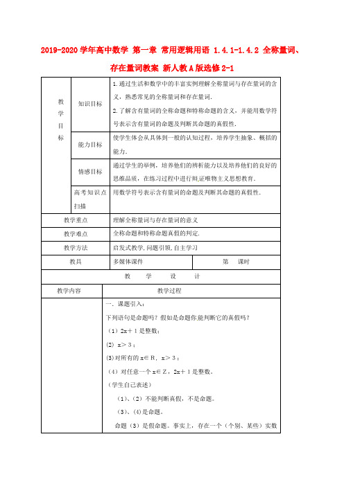 2019-2020学年高中数学 第一章 常用逻辑用语 1.4.1-1.4.2 全称量词、存在量词教案 新人教A版选修2-1.doc