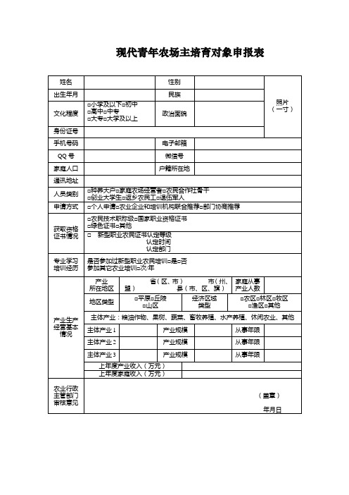 现代青年农场主培育对象申报表