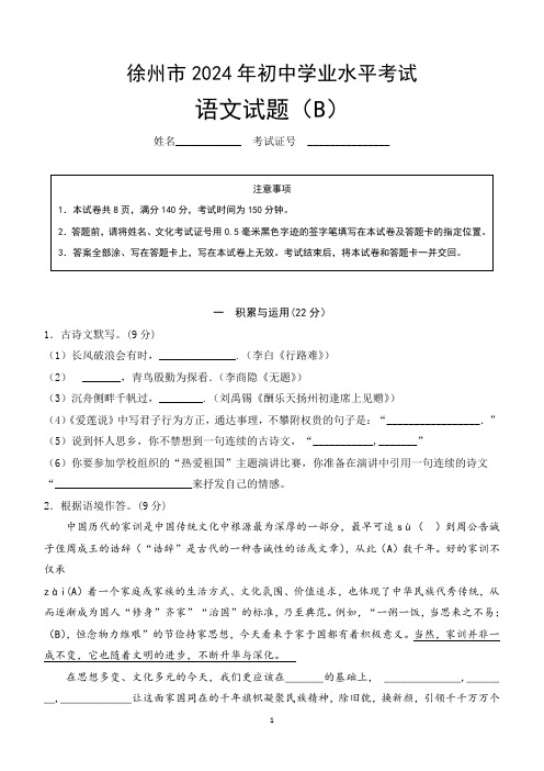 2024年江苏省徐州市中考模拟语文试题B卷(含答案)