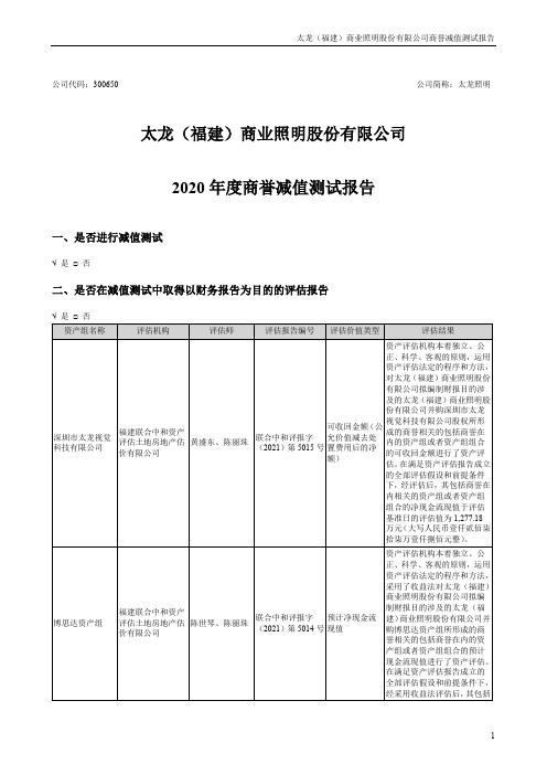 300650太龙照明：2020年度商誉减值测试报告