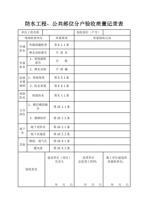 防水工程、公共部位分户验收质量记录表