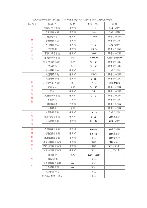 服务报价表(此报价只作参考,以现场报价为准)