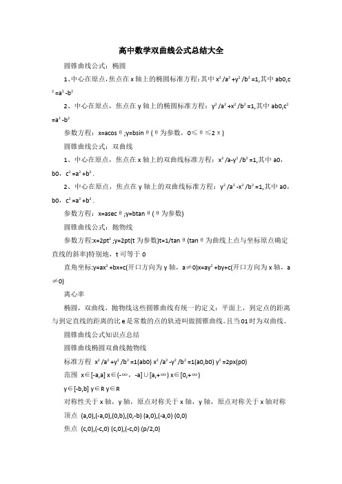 高中数学双曲线公式总结大全