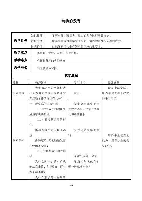 苏科版八年级生物上册：20.2 动物的发育  教案