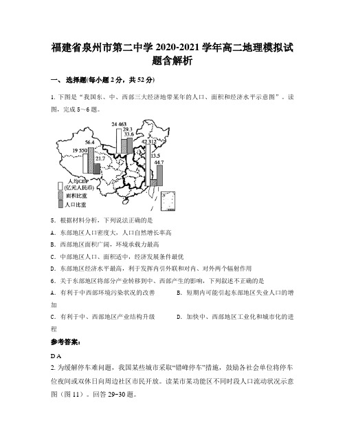 福建省泉州市第二中学2020-2021学年高二地理模拟试题含解析