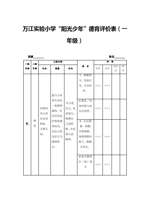 万江实验小学“阳光少年”德育评价表(一年级)