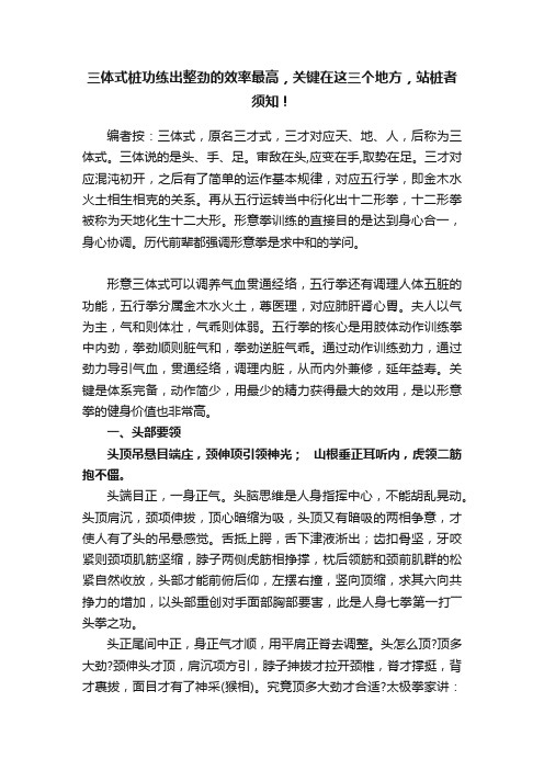 三体式桩功练出整劲的效率最高，关键在这三个地方，站桩者须知！