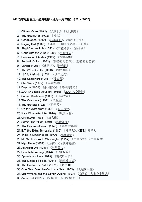 AFI百年电影史百大经典电影(此为十周年版)名单 - (2007)