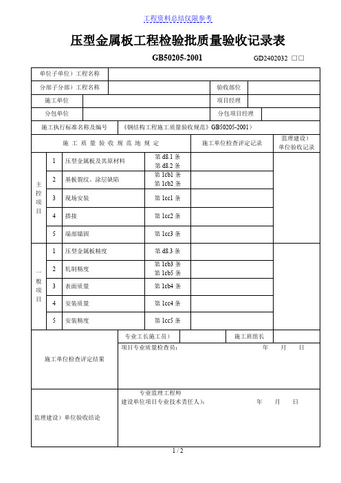 压型金属板工程检验批质量验收记录表