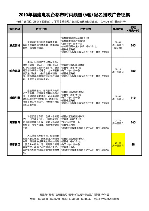 2010年福建电视台都市时尚频道(6套)冠名播映广告征集xls