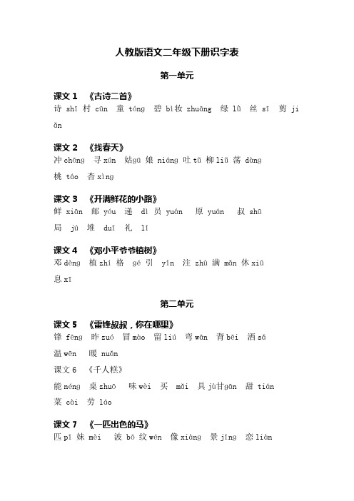 人教版语文二年级下册识字表