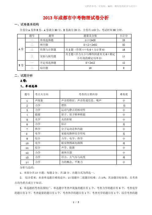 2013年成都市中考物理试卷分析