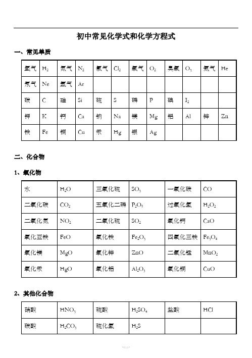 初中常见化学式和化学方程式