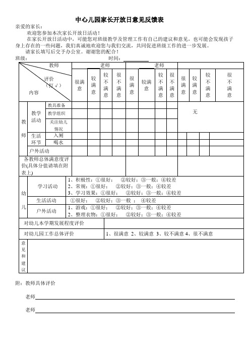 幼儿园家长开放日反馈表