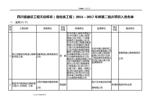 四川建设工程天府杯奖优质工程2017年~2018第二