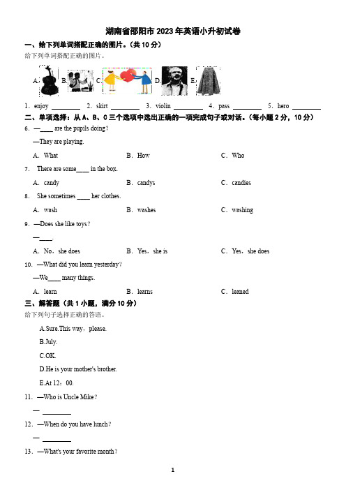 湖南省邵阳市2023年英语小升初试卷(含答案)