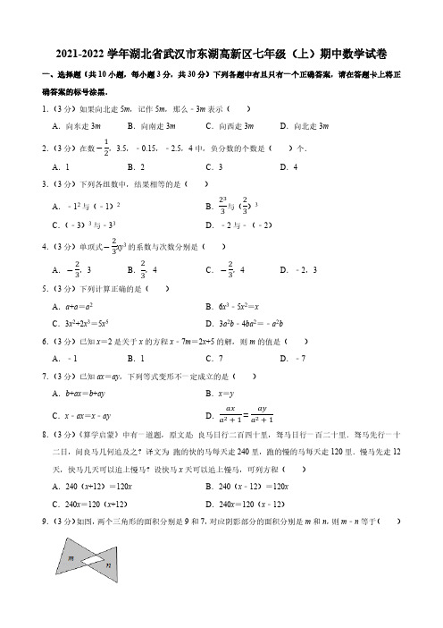 2021-2022学年湖北省武汉市东湖高新区七年级(上)期中数学试卷(含答案)