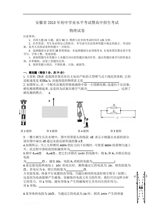 2018年安徽省中考物理真题及参考答案