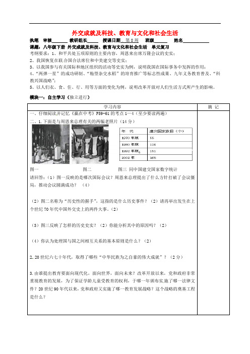 广东省河源中国教育学会中英文实验学校中考历史 八下 外交成就及科技、教育与文化和社会生活复习讲学稿(