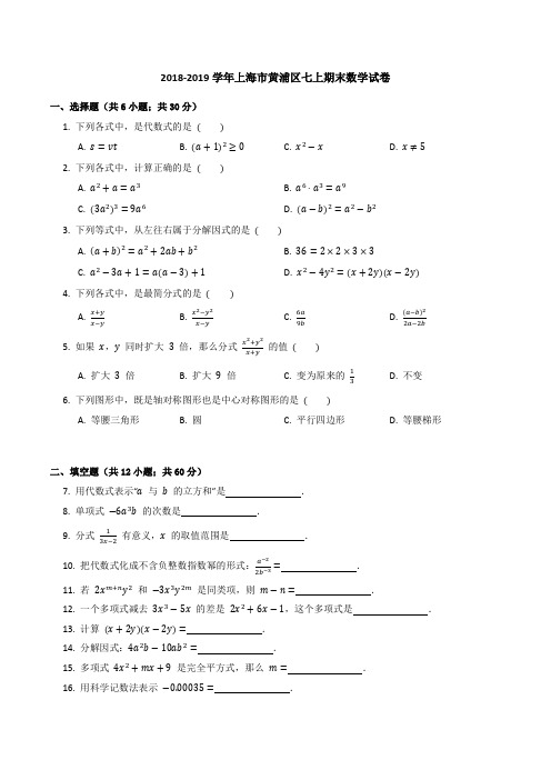 2018-2019学年上海市黄浦区沪教版(五四制)初二 期末数学考试试卷(含答案)