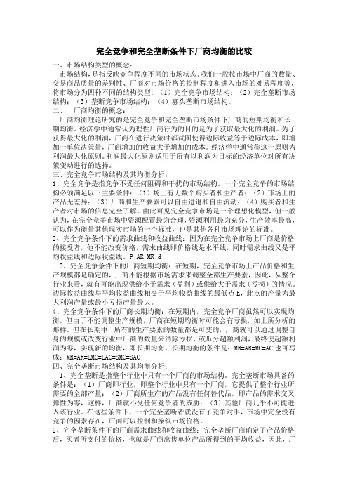 完全竞争和完全垄断条件下厂商均衡的比较