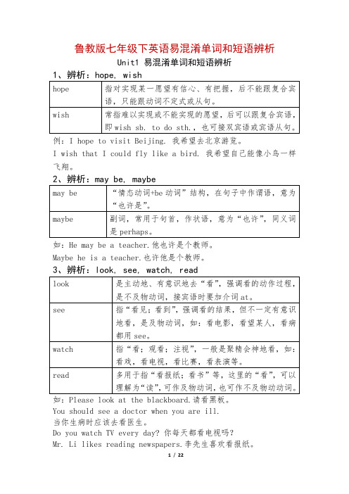 鲁教版七年级下英语各单元易混淆词汇及短语辨析