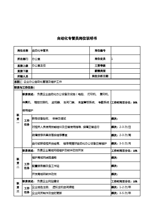 河北纪元光电公司自动化专管员岗位说明书