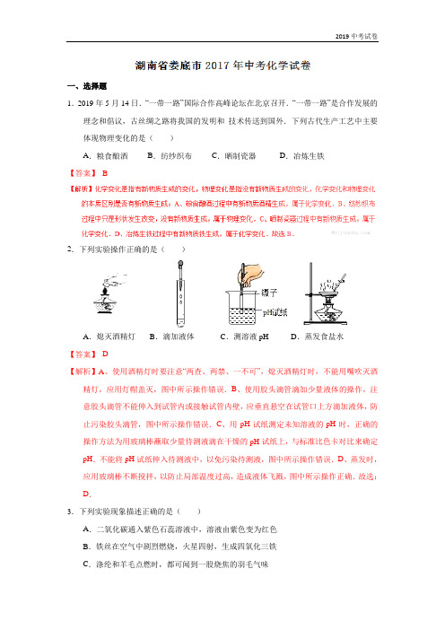 湖南娄底2019中考试题化学卷(word版含解析)