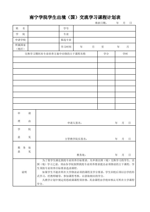 南宁学院学生出境(国)交流学习课程计划表