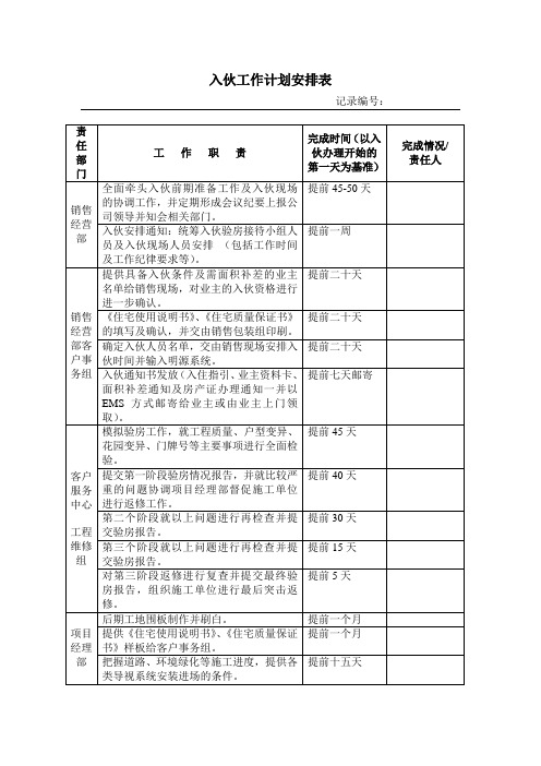 入伙工作安排计划表