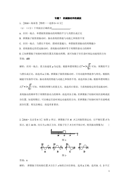 五年真题之2016年高考物理专题机械振动和机械波含答案