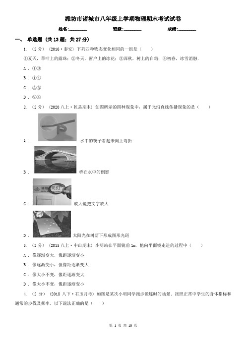 潍坊市诸城市八年级上学期物理期末考试试卷