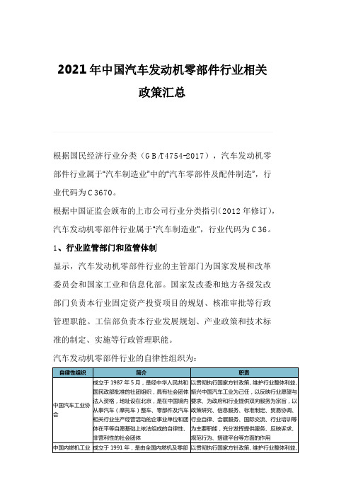 2021年中国汽车发动机零部件行业相关政策汇总