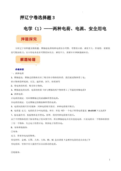 押题选择题3——两种电荷、电流、安全用电(原卷版)--备战2024年中考物理