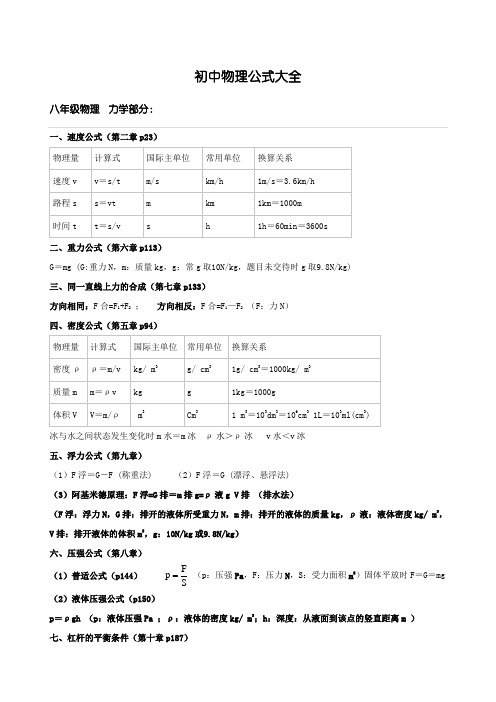 初中物理公式沪科版