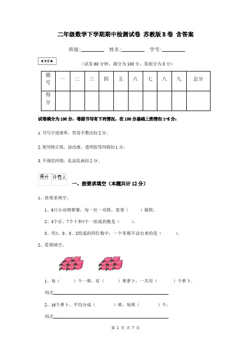 二年级数学下学期期中检测试卷 苏教版B卷 含答案