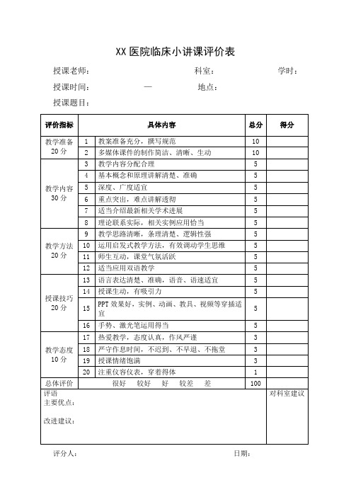 4.3XX医院临床小讲课评价表