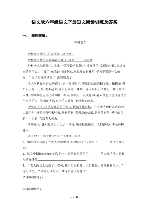 语文版六年级语文下册短文阅读训练及答案