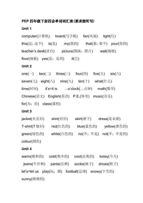 PEP四年级下册四会单词词汇表