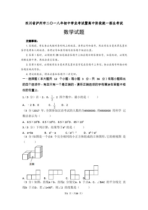 2018年四川省泸州市中考数学真题及参考解析