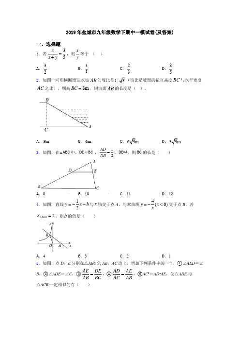 2019年盐城市九年级数学下期中一模试卷(及答案)