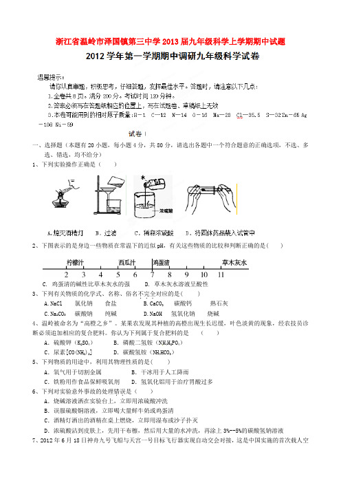 浙江省温岭市泽国镇第三中学九年级科学上学期期中试题