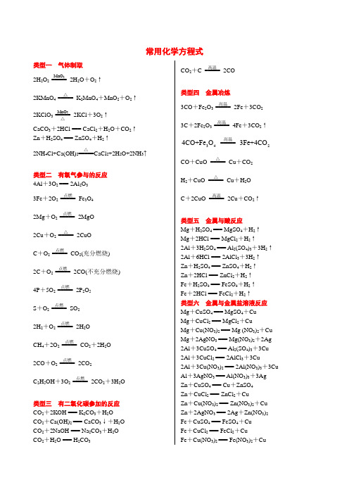 九年级常用化学方程式