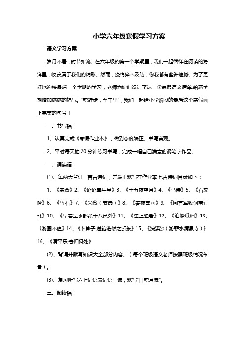 小学六年级寒假学习方案