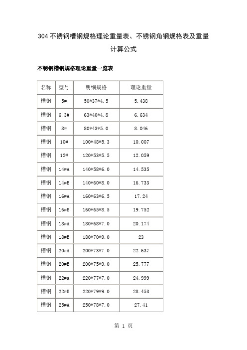 304不锈钢槽钢规格理论重量表-10页精选文档