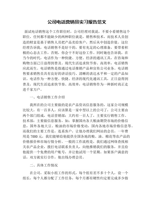 公司电话营销员实习报告范文