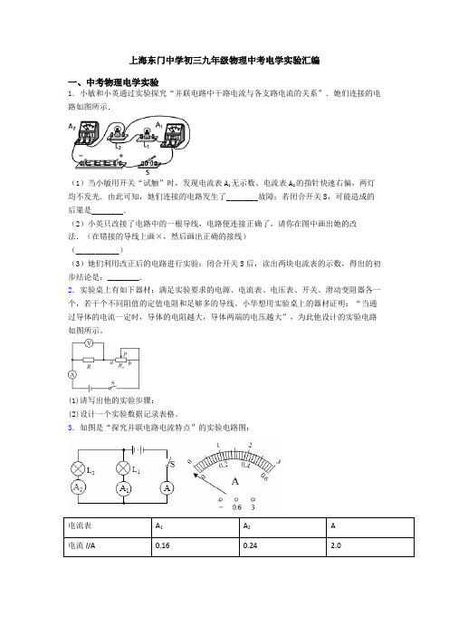 上海东门中学初三九年级物理中考电学实验汇编