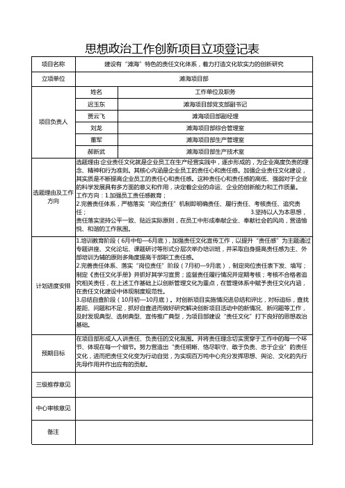 思想政治工作创新项目立项登记表