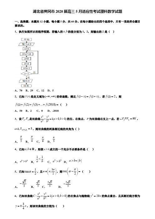 【附加15套高考模拟试卷】湖北省黄冈市2020届高三5月适应性考试理科数学试题含答案